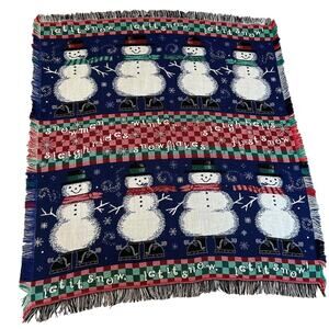 Vintage 90s Snowman Let It Snow Tapestry Throw Blanket Navy Fringe 60x50